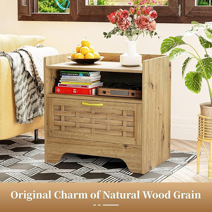 24" Rattan Nightstand with Storage Drawer, Oak Bedside Table with Semi Open Cubby, Boho Night Stand with Farmhouse Arched Base for Bedroom, Side Table, End Table for Dorm