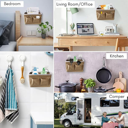 Kanrichu 2pcs Middle Wall Hanging Organizer Bag, Linen Fabric Door Hanging Storage Basket with Pockets, Waterproof Bin for Kitchen, Bedroom, Office, RV Camper (Khaki)