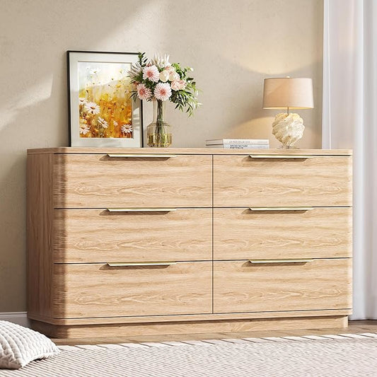 6 Drawer Dresser for Bedroom, 54" Wide Modern Chest of Drawers with Metal Handle, Curved Profile Design, Wooden Oak Dresser Closet Clothes Storage TV Stand for Living Room, Hallway