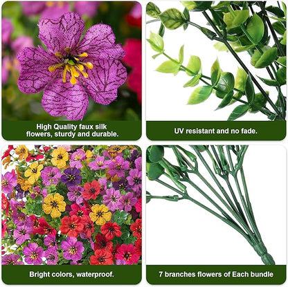 HyeFlora Artificial Flowers for Outdoor Indoor Garden Home Decoration, Faux Flower Daisy with Eucalyptus Leaves Fake Plants Greenery Boxwood Porch Patio, 12 Bundles (6 Multicolor)