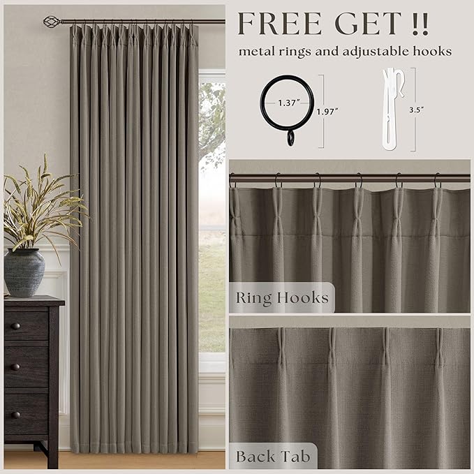 Taupe Pleated Linen Blackout Curtains 84 Inches Long for Bedroom Living Room Pinch Pleat Black Out Thermal Insulated Ring Hooks Back Tab Room Darkening Drape Brownish Gray 84 Inch Curtains with Liner