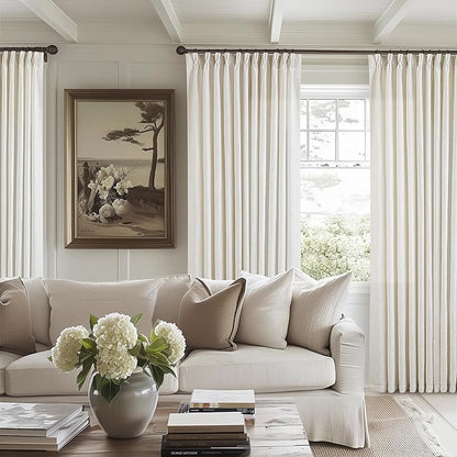 Extra Wide Pinch Pleat Linen Curtains 108 Inches Long for Living Room Sliding Glass Door 70 Inch Wide Semi Sheer Curtain Cream Ivory Boho Pleated Drape Hooks Rings 70x108 Large Window Curtain 1 Panel