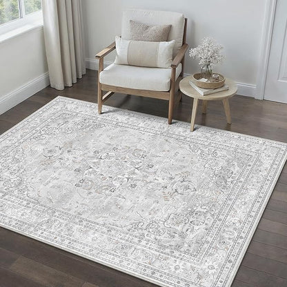 Grey 3x5 Area Rug Washable Vintage Carpet for Entryway Office Soft Retro Floral Kitchen Low Pile Thin Door Mat Non Slip Central Medallion Throw Rug for Bathroom Bedroom Dining Living Room