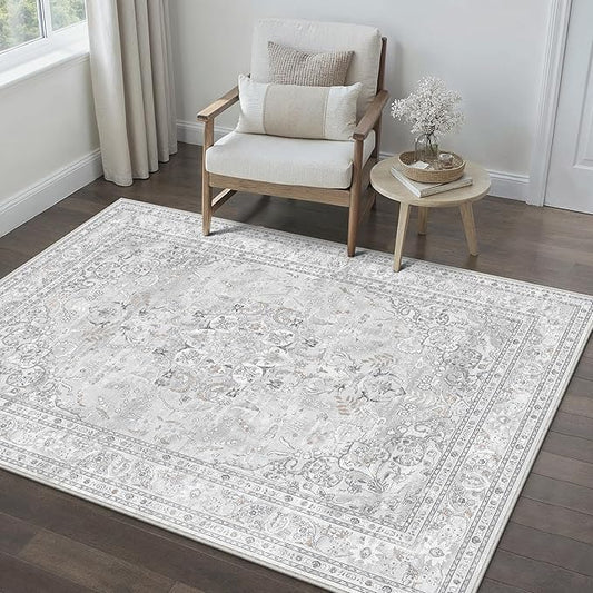 Grey 3x5 Area Rug Washable Vintage Carpet for Entryway Office Soft Retro Floral Kitchen Low Pile Thin Door Mat Non Slip Central Medallion Throw Rug for Bathroom Bedroom Dining Living Room