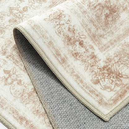 Runner Rug 3x8 Cream Hallway Washable Beige Carpet Non Slip Vintage Medallion Beige Carpet Low Pile Soft Distressed Retro Indoor Long Rug for Entryway Kitchen Bathroom Laundry Bedroom