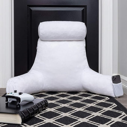 Husband Pillow Medium White, Backrest for Kids, Teens, Petite Adults - Reading Pillows with Arms, Adjustable Loft, Plush Memory Foam, Bed Rest Chair for Sitting Up, Detach Neck Roll, Removable Cover