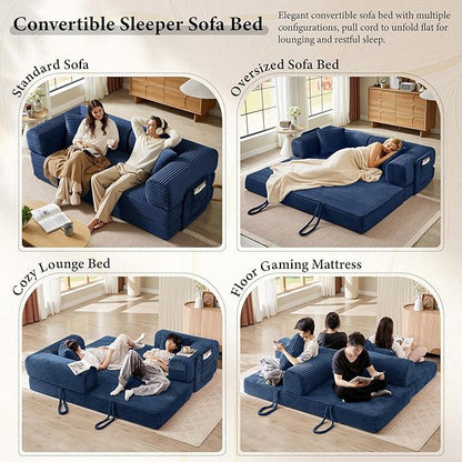 Boneless Couch Folding Couches for Living Room Sofa, Futon Sofa Bed with Sleeper Sofa, Futon Couch with Fixed-Shape Oversized Corduroy Upholstered (Blue, 81 Inches)