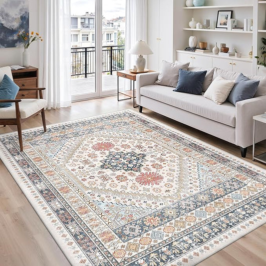 zesthome 7x9 Area Rugs for Living Room,Non-Slip Backing Washable Rugs,Vintage Large Area Rug，Stain Resistant Home Decor Rug (Multi,7'x9')