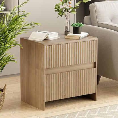 Fluted Nightstand, 23" Wood Bedside Table with 2 Storage Drawers, Oak Modern Night Stand for Bedroom, Office, Oak