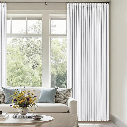White Pinch Pleated Blackout Linen Curtains 120 Inches Long for Living Room Bedroom 2 Panels Room Darkening Thermal Insulated Neutral Pure White Farmhouse 100% Black Out Window Curtain Drape 120 Inch