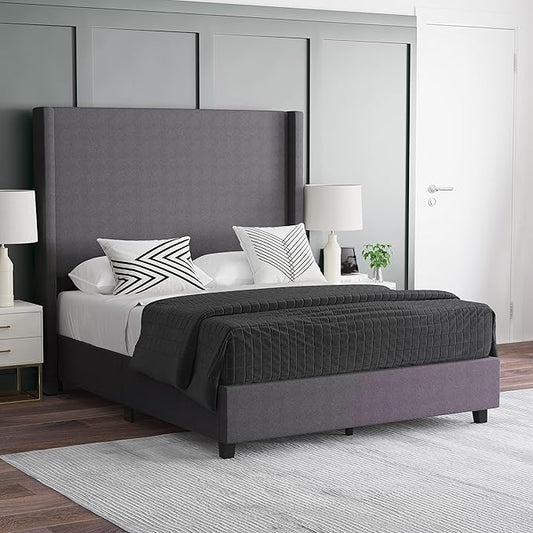EMMA + OLIVER Nora Full Size Faux Linen Upholstered Platform Bed with Plush Padded Wingback Headboard (No Box Spring Needed), Modern Upholstered Headboard Full Bed Frame, Gray