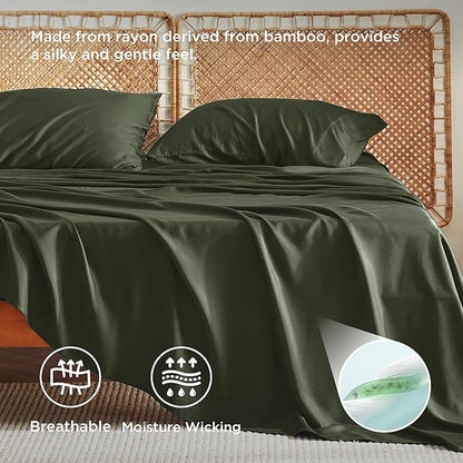 Bedsure Full Size Bed Sheets, Cooling Sheets, Rayon Derived from Bamboo, Breathable & Soft, Deep Pocket Up to 16 Inches, Hotel Luxury Silky Bedding for Hot Sleepers, Olive Green