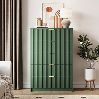 5 Drawer Dresser for Bedroom, Tall Dresser Chest of Drawers with Gold Handles, 32 Inch Wide Nightstand with for Bedroom, Living Rooms, Offices, and Entryways, Green