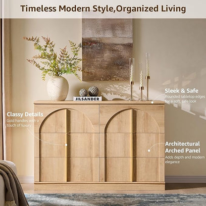 ACCOHOHO Arched Dresser for Bedroom with 6 Drawers, 47.3" Wide Modern Chest of Drawers with Rounded Edge & Metal Handles, Wood Storage Closet Dressers TV Stand for Living Room, Hallway, Natural Oak