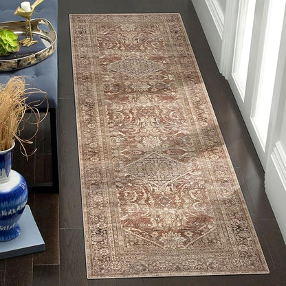 vivorug Runner Rug 2x10 Machine Washable Rug with Non-Slip Backing, Ideal for Kitchen Hallway Entryway Laundry Room - Vintage, Durable, Easy Clean, Low Pile Carpet Runner Earth Tone