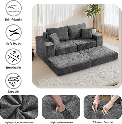 Boneless Sectional Loveseat Couch with Ottoman, Convertible Modular Floor Sleeper Sofa Bed, Comfy Foldable Compression Love Seat Sofa for Living Room, No Assembly, Dark Grey