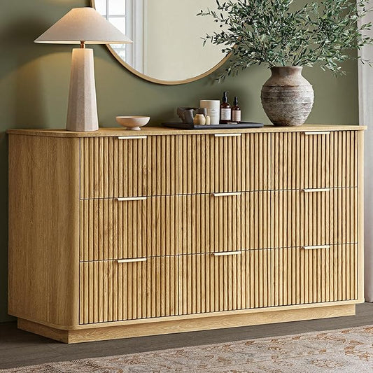 win2win 9 Drawer Dresser, Modern Dresser with Storage, 55" Wide Fluted Chest of Drawers with Faux Marble Top, Dressers TV Stand, Minimalist Drawers Organizer for Bedroom, Living Room, Hallway, Oak