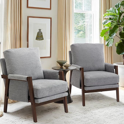 Grey Accent Chair for Bedroom & Living Room, Mid Century Modern Accent Arm Chair, Upholstered Anthropologie Accent Chair with Solid Wood Frame, Fabric