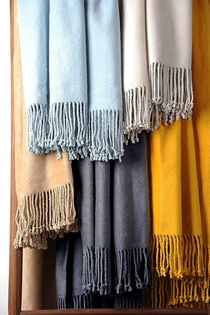EP Mode Fringed Mulberry Silk Throw Blanket for Sofa (Baby Blue)