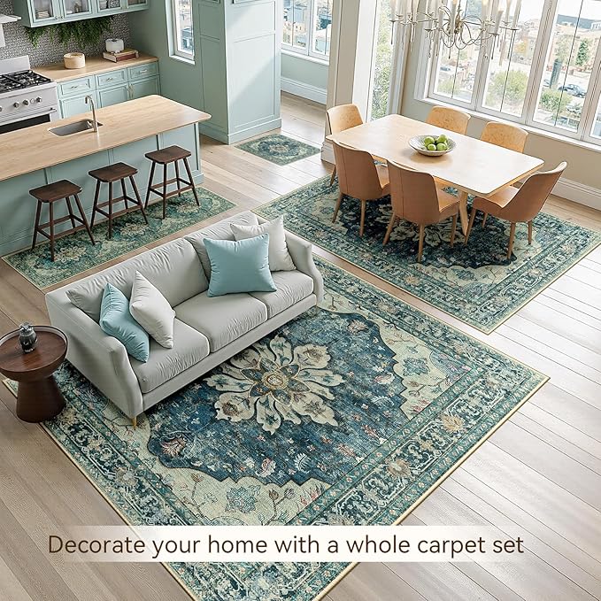Area Rugs 8'x10' Washable Non-Slip, Floral Vintage Distress Print Pattern Medallion Carpet for Living Room Bedroom Dining Room, Dark Blue Vintage