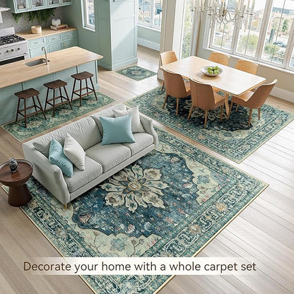 Area Rugs 2'x8' Washable Non-Slip, Floral Vintage Distress Print Pattern Medallion Carpet for Living Room Bedroom Dining Room, Dark Blue Vintage