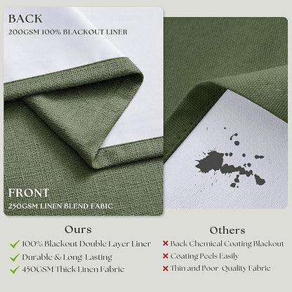 102 Inch Linen Pleated Black Out Curtains 2 Panels Set for Bedroom Living Room Darkening 100% Blackout Memory Trained Farmhouse Rustic Farmhouse Pinch Pleat Window Curtain Olive Green 102 Inch Length
