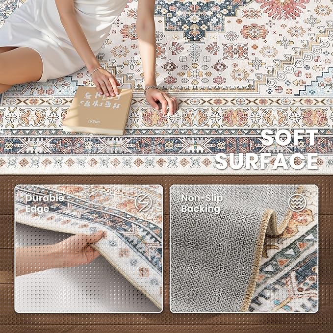 zesthome 10x14 Area Rugs for Living Room,Non-Slip Backing Washable Rugs,Vintage Large Area Rug，Stain Resistant Home Decor Rug (Multi,10'x14')