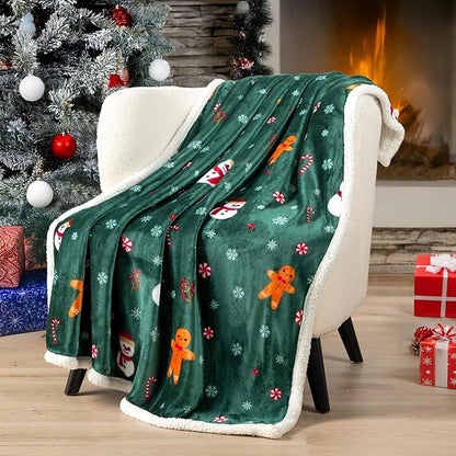 PAVILIA Green Christmas Sherpa Throw Blanket, Gingerbread Snowman Holiday Pattern, Soft Reversible Fleece & Sherpa 60x80 Winter Blanket for Couch & Bed, Cozy Christmas Decor