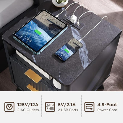 T4TREAM Fluted Nightstand with Charging Station, 18" Modern SideTable with Faux Marble Top, 2 Drawers End Table w/Storage, Bedside Table for Bedroom, Living Room, Curved Profile Design, Dark Grey