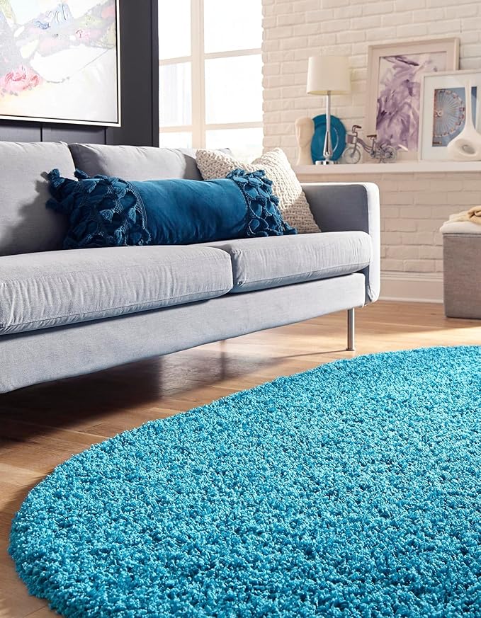 Unique Loom Solid Shag Collection Area Rug (8' x 10' Oval, Turquoise)