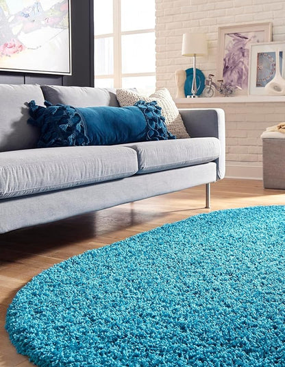 Unique Loom Solid Shag Collection Area Rug (5' 1" x 8' Oval, Turquoise)