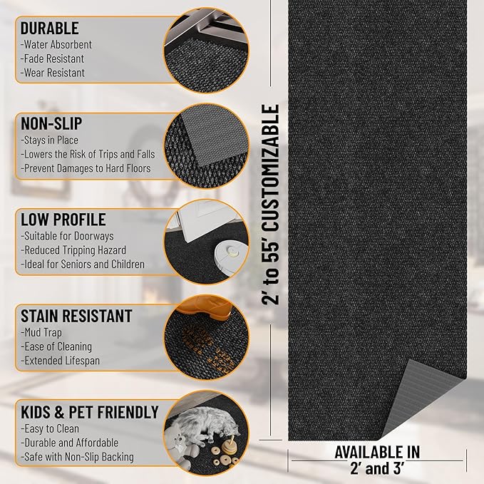 Ottomanson Commercial Scrape Rib Entry Mat – Heavy Duty Ribbed Floor Mat for High Traffic – Non Slip Rubber Back, Waterproof – Indoor Outdoor Use for Offices, Schools, Lobbies, 2' x 24', Black