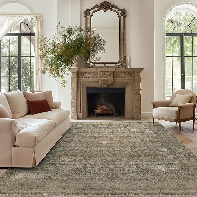 vivorug 9x12 Area Rugs for Living Room, Non Slip Machine Washable Vintage Rug, Ultra-Thin Lightweight Large Area Rug for Bedroom, Dining Room, Low Pile Rug Olive