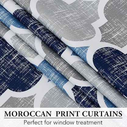 Beauoop 100% Blackout Curtains 96 Inches Long for Patio Sliding Door Blue Grey Extra Wide Moroccan Geo Room Darkening Thermal Soundproof Room Divider Grommet Window Treatment Drapes,100x96 Set of 1