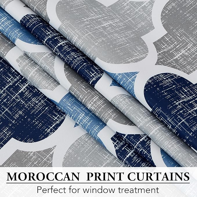 Beauoop 100% Blackout Curtains 45 Inches Long 2 Panels for Bedroom Living Room Blue Grey Moroccan Geo Room Darkening Thermal Insulated Soundproof Grommet Top Window Treatments Drapes, 50x45 Set of 2