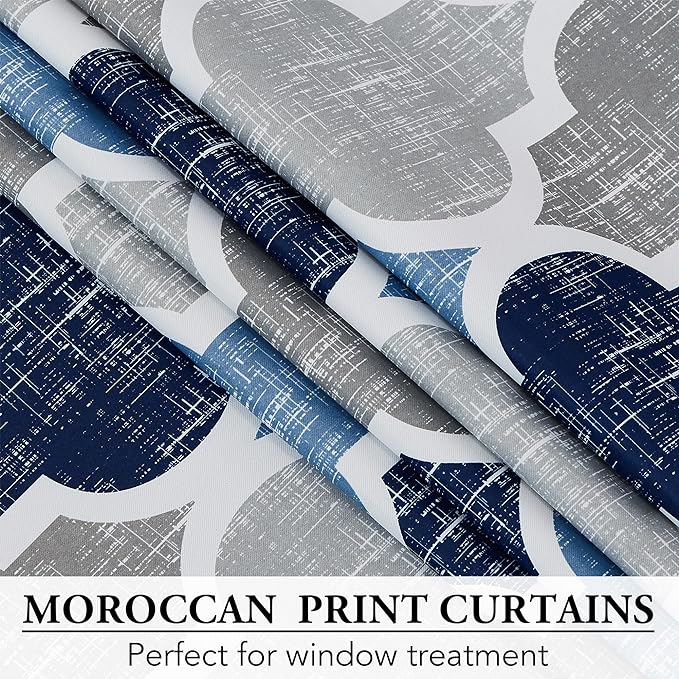 Beauoop 100% Blackout Curtains 63 Inches Long 2 Panels for Bedroom Living Room Blue Grey Moroccan Geo Room Darkening Thermal Insulated Soundproof Grommet Top Window Treatments Drapes, 50x63 Set of 2