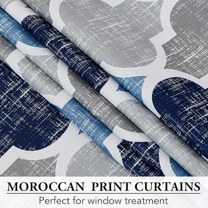 Beauoop 100% Blackout Curtains 63 Inches Long 2 Panels for Bedroom Living Room Blue Grey Moroccan Geo Room Darkening Thermal Insulated Soundproof Grommet Top Window Treatments Drapes, 50x63 Set of 2