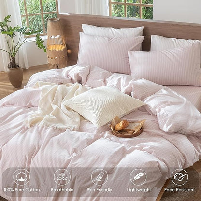 MooMee Striped Duvet Cover Set 100% Washed Cotton Linen Like Textured Breathable Durable Soft Comfy (Heathered Greyish Pink White Wide Stripes, Oversized Full 82"x86")