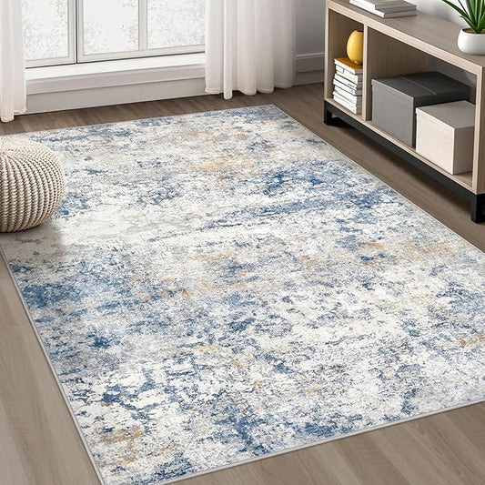 Area Rug Living Room Rugs - 4x6 Abstract Large Soft Indoor Washable Rug Neutral Modern Low Pile Carpet for Bedroom Dining Room Farmhouse Home Office - Blue