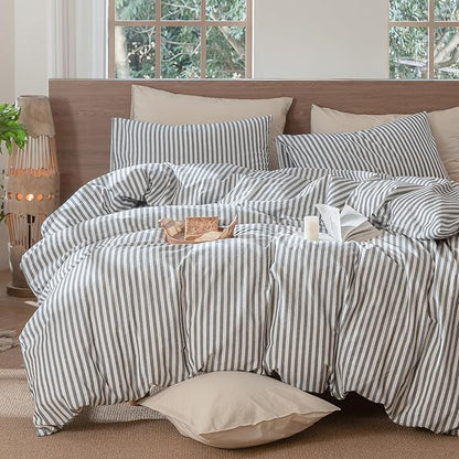MooMee Striped Duvet Cover Set 100% Washed Cotton Linen Like Textured Breathable Durable Soft Comfy (Dark Grey White Classic Stripes, Super King Plus 120"x120")