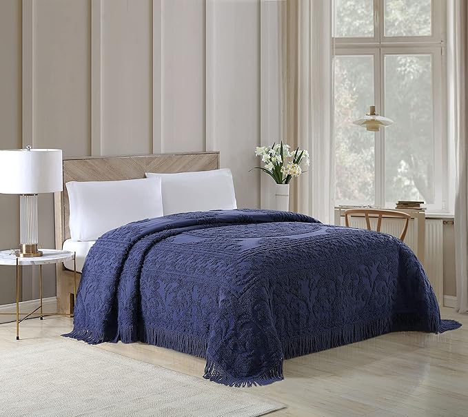 Beatrice Home Fashions Medallion Chenille Bedspread, Queen, Navy