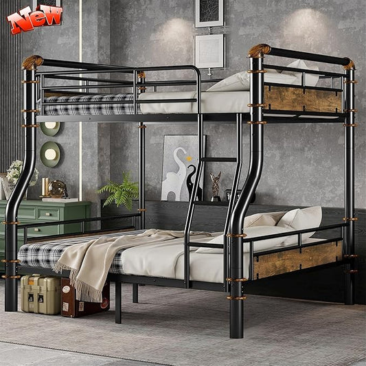 Upgraded Version Thicken Metal Heavy-Duty Full XL Over Queen Bunk Bed, Best Industrial Style Stronger Full Over Queen Size Bunk Bed with Ladder for Adults, Easy Assembly (Full XL Over Queen)