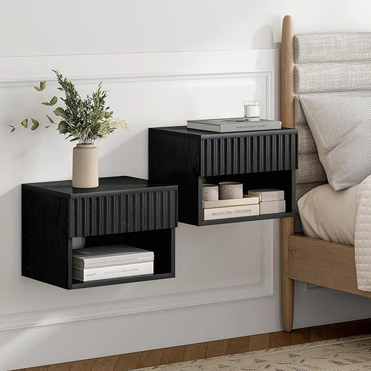 Fluted Floating Nightstand Set of 2 with Drawer, Modern Night Stand with Fluted Door and Open Storage Shelf Wall Mounted Bedside Table for Bedroom, Entryway Black