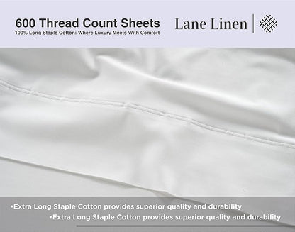 LANE LINEN 600 Thread Count 100% Cotton Cal King Sheet Set, Soft & Confy Hotel Style Thick White Cal King, Mercerized Cotton for Silky Finish, Fully Elasticized Fitted Sheet Luxury - White