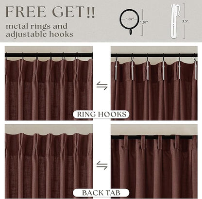 Reddish Brown Linen Pinch Pleated Curtains 96 Inches Long for Living Room Pleated Drapes Back Tab Thick Linen Textured Boho Farmhouse Country Maroon Rust Brown 96 Inch Curtain for Dining Bedroom