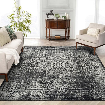 vivorug 3x5 Area Rugs, Stain Resistant Washable Rug for Living Room, Vintage-Inspired Black and White Rug