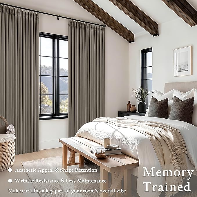 Flax Taupe Pinch Pleated Blackout Curtains 102 Inches Long for Bedroom 100% Black Out Thick Linen Dual Layer Pleated Drapes Farmhouse Country Brownish Gray 102 Inch Curtain for Dining Living Room
