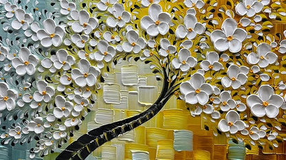 YaSheng Art-Handmade White Flower Contemporary Art Oil Painting On Canvas 3D Texture Abstract Tree Paintings Modern Home Bedroom, Dining Room, Wall Art Decor Ready to Hang20x40inch