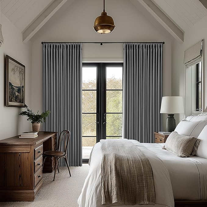 Grey 96 Inch Blackout Pinch Pleated Curtains 2 Panel Set for Living Room Darkening Thick Linen Textured 100% Black Out Drapes 96 Inches Long Pinch Pleat Light Blocking Bedroom Charcoal Dark Gray