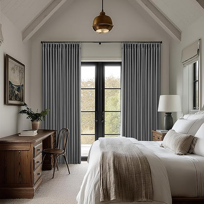 Grey 96 Inch Blackout Pinch Pleated Curtains 2 Panel Set for Living Room Darkening Thick Linen Textured 100% Black Out Drapes 96 Inches Long Pinch Pleat Light Blocking Bedroom Charcoal Dark Gray
